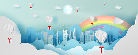 Paper art balloon gift of Panorama top world landmark city America travel.World famous countries America white paper cut style for travel holiday poster and postcard.Vector illustration pastel colorのイラスト素材