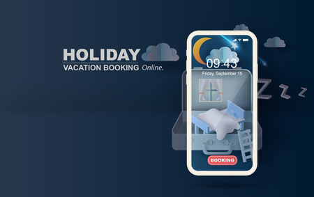 3D Paper art and craft of bedroom in suitcase mobilephone concept your text space background.Illustration of idea design couch in bag.The moon at night. Have a beautiful shooting star light.vector.のイラスト素材