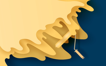3D Paper art and craft of Vector roller brush with yellow paint for your text space background.banners and advertising .Isolated on blue wall marking color brush for art graphic design.illustration.のイラスト素材