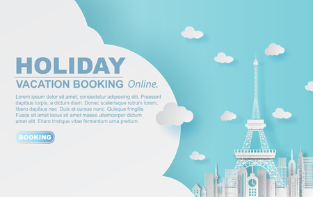 Paper art of Traveling holiday hotel booking Eiffel tower Paris city,Website Travel landmarks city pastel color suitcase concept your text space background,Illustration of idea design vacation.vector.のイラスト素材