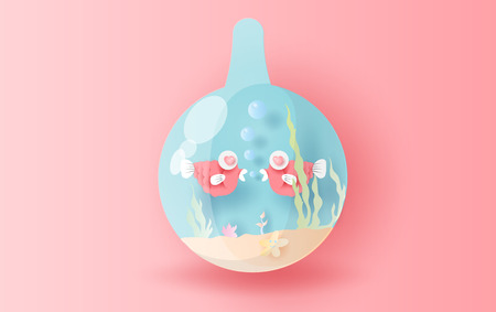 3D paper art and craft style of fishes sweet love Underwater in circle glass aquarium,isolated pastel Use beautiful colors.Aquarium Decoration home tanks  freshwater tropical color.vector.illustrationのイラスト素材