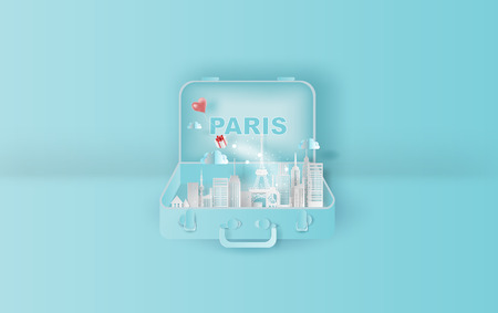 Paper art of Traveling holiday hotel booking Eiffel tower Paris city,Website Travel landmarks city pastel color suitcase concept your text space background,Illustration of idea design vacation.vector.のイラスト素材