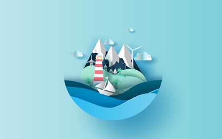 Paper art of Illustration travel in holiday vacation summer season concept,Graphic design for paper cut style,summertime idea pastel color background,sea view landscape Island relaxation. Vector.のイラスト素材