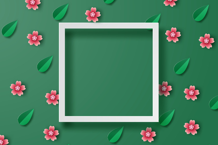 Paper art of illustration spring background with flowers and leaf frame place for text space,Spring time season graphic design concept,Floral Flower and leaf pattern with paper cut style.vector.  のイラスト素材
