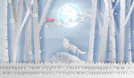 illustration of paper art Wolf howling on mountain at night winter season forest.Happy new year and Merry Christmas day, Snowfall Landscape forest in full moon, creative idea wintertime concept vector.のイラスト素材