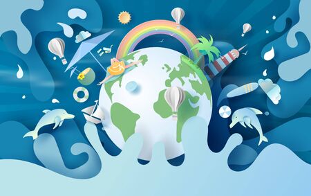 illustration of summertime Environment global earth travel holiday concept.summer season hot for splash water.Creative design paper art and cut with pastel color simple.Eco relax at vacation.vector.のイラスト素材