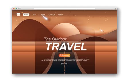 illustration of  Landscape with road to mountains across a dry desert.Light star fall at Evening time.Creative web interface design Paper cut and craft by carving of summertime show sand dune. Vector.のイラスト素材