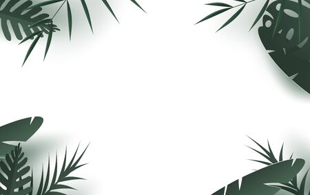 illustration of Summertime with Palm Leaf Background.jungle leaves green  seamless floral pattern.Creative Design for banner or flyer by dark green palm leaves.Paper art and craft style.vector.のイラスト素材