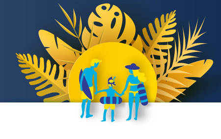 illustration of Rear view with family happy fun at the beach. People diving in rubber ring swim....