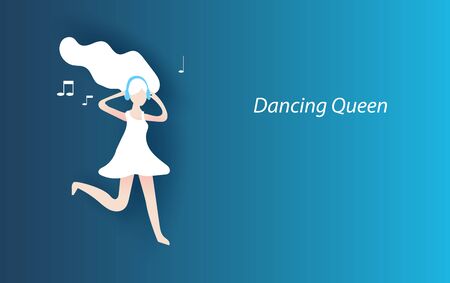 Young woman motion with dancing listening to music headphones music.Creative design paper art and craft style for poster background. Happy lady concept.Graphic art vector. illustration. EPS10のイラスト素材