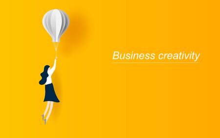 Business creativity vector concept idea with business woman flying with balloon. Symbol of innovation. Graphic design paper cut and art style for card, Poster.yellow. Vector illustration. EPS10のイラスト素材