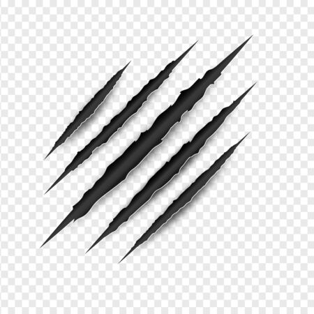 illustration of Claws scratches isolated on transparent white background. Creative paper craft and cut style.Scary laceration danger paper surface Claws scratching animal cat, tiger, lion, bear vectorのイラスト素材
