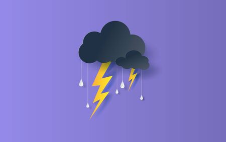 Illustration of Cloud and rain season on sky dark background.Overcast sky and  thunderbolt lightning.Creative design paper art and craft concept.Origami rainy weather forecast water drop.vectorのイラスト素材