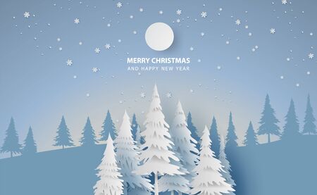 Scenery Merry Christmas and New Year on holidays background with forest winter snowflakes season landscape.Creative snowfall and full moon paper art and cut style for card. Vector Illustration.EPS10のイラスト素材
