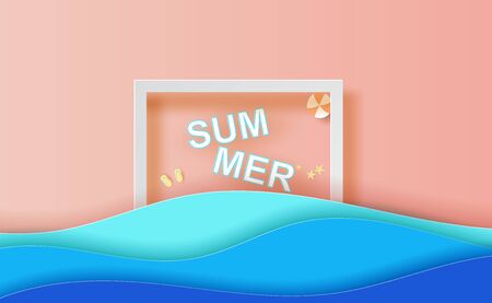 Summertime top view frame scene place for your text.Summer season banner background concept.Creative Holiday sea wave design paper cut and craft style.Minimal graphic origami element seaside.vector.のイラスト素材