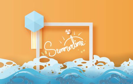 illustration of top view  travel summer season on the beach.Frame Calligraphy text Decoration swimming equipment. Seaside with landscape pastel color tone background,Paper cut and craft style vector.のイラスト素材
