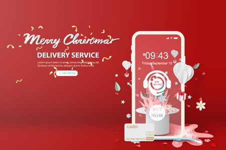 Typographic Merry Christmas of bonfire and fireworks art decorations in hat concept.Creative paper cut and craft for holiday winter season.Graphic smartphone online delivery service concept vectorのイラスト素材