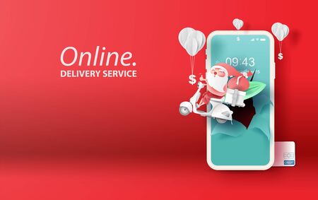 Paper art and craft of smartphone for online shopping summer Christmas your text space background.Santa Claus Delivery services on mobile phone concept.Application order internet.vector.illustration.のイラスト素材