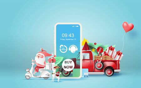 illustration of smartphone with Online delivery service application concept.Summer Christmas season.Paper cut and craft.Graphic Santa Claus riding a motorcycle and car truck transport gift Vectorのイラスト素材