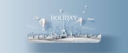 Paper craft and cut style of Panorama Traveling holiday landmarks landscape Eiffel tower Paris city France.Creative origami travel festival season plan trip concept.Vacation party illustration.vector.のイラスト素材