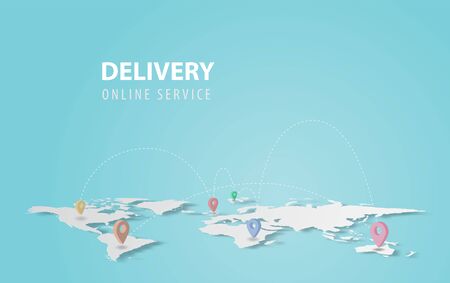 Smartphone technology application.Delivery service concept.Creative map world location network paper cut and craft style.Graphic Online transport background.Minimal blue pastel.Vector illustrationのイラスト素材