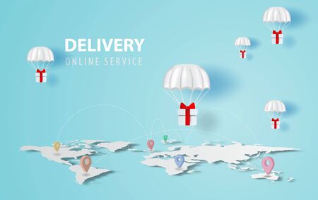 Parachute gift box floating on map location network.Delivery service web page design.Merry Christmas banner.Graphic Transportation holiday concept.paper cut and craft style.vector illustration EPS10のイラスト素材