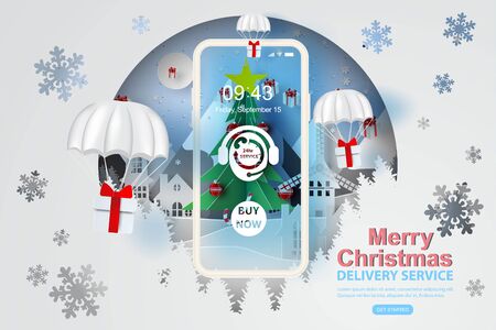 Merry Christmas pine tree with  decorate circle shape concept.Parachute gift box fly air paper cut and craft style.Happy new year mountain view homes.Holiday winter snow season vector illustrationのイラスト素材