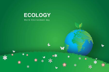 Green garden park background.Field grass lawn with flower colorful and butterfly in air.Nature plant spring season.Paper art and craft style.Creative Ecology environment planet world seed.vectorのイラスト素材