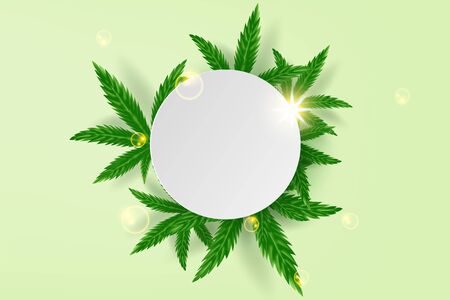 Realistic green cannabis leaf drug marijuana herb Background.Creative natural Marijuana Cannabis.Medical Organic green plant Wallpaper in web-page.Template frame decorated circle.vector illustration.のイラスト素材