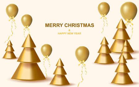 Christmas and New Year background. Xmas Abstract Gold Christmas Trees.Balloons golden fly on air. Bright Winter holiday composition.Creative minimal realistic style.card, banner, poster Vectorのイラスト素材