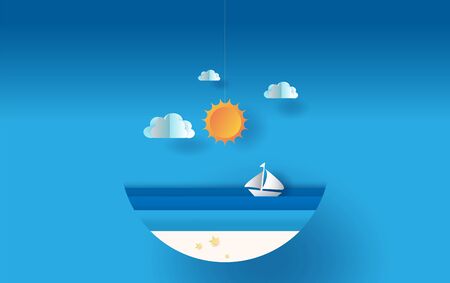 Circle Paper art and craft of illustration summer sea view with sunset,summer time season concept,Boat floating in the sea on blue sky.Graphic design Seaside landscape ,Paper cut style digital ideaのイラスト素材