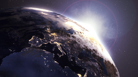 illustration of View angle Beautiful Sunrise over the Africa and Europe Earth.Changing from City...