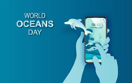 Paper art and cut concept of World Oceans Day. Celebration dedicated to help protect sea and conserve water ecosystem. Blue origami craft paper of sea waves.Dolphins jumping on mobile phone with handのイラスト素材