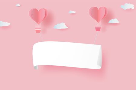 Creative Paper art and craft of happy Valentine Day concept. Paper white signboard in air balloons heart floating on sky background.Graphic decoration element for card and postcard.Vector illustrationのイラスト素材