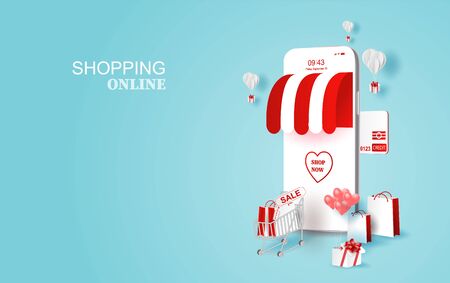 Paper Bag Cart gift box on market background. Happy Valentine and Merry Christmas season concept. Smartphone shopping online for holiday. isometric mobile market shop. Red and White tone color vector のイラスト素材