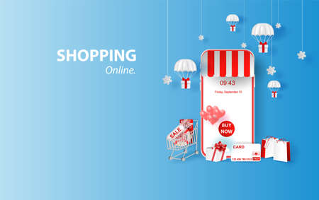 Shopping Online on smartphone or Mobile Application Concept idea Marketing and Digital marketing. Merry Christmas background Horizontal view with gift box and parachute of content sale in holidayのイラスト素材