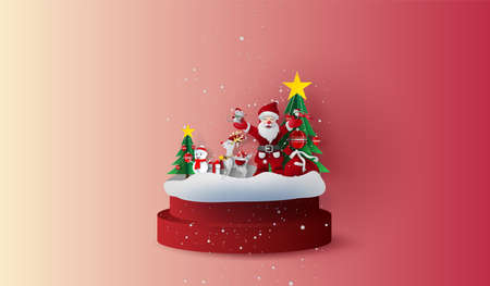 Round red stage podium with landscape Christmas trees in forest.Happy new year and Merry Christmas day.paper art and craft. Santa Claus and Gift decoration for holiday and winter season. Snowing standのイラスト素材