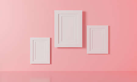 White frame 3d rendering. illustration Modern picture frame concept, Empty white border image frame space for your text on pink background, Mock-up poster frame on wall minimal. pastel pink colorの写真素材
