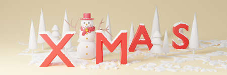 Christmas pastel Scene With Snowman Cute in forest mountain 3d Rendering illustration.Xmas Landscape snow winter seasonの写真素材