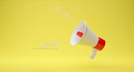 Red-White megaphone on yellow background 3D rendering. speaker speech for your text. illustrationの写真素材