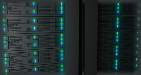 close up in Working Data Center Full of Rack Servers and Supercomputers. High Internet Visualisation Projection. IT Technician Turning on Data Server. Server room data center storage 3D renderingの写真素材