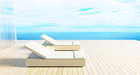 Minimal Luxury beach house with sea view on terrace modern design, Sunbed Lounge chairs on deck at vacation home or hotel . 3d rendering. illustration of summer holiday Pool villa exterior.の写真素材
