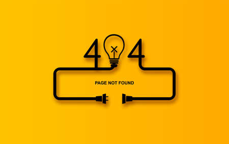 Modern vector illustration of 404 error page vector template for website, light bulb Electric Plug and Socket unplugged. Concept of Electrical theme web banner, disconnection, loss of connect. yellowのイラスト素材