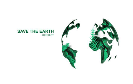 Earth Day. World Environment day. 3d paper cut eco friendly design. Paper carving layer green leaves shapes with shadow Eco concept. Save the earth. Happy Eco Background social poster save the planetのイラスト素材