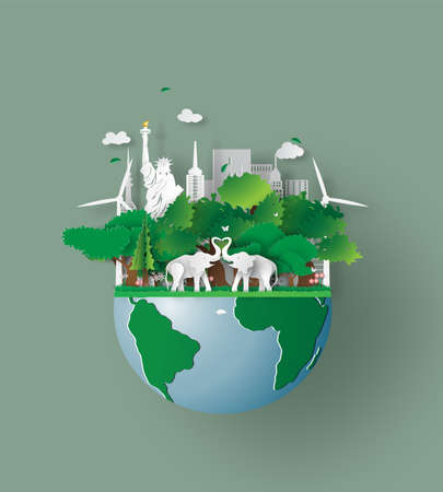 elephants in forest, Origami design world environment and earth day. paper cut and craft.Wildlife animal with elephants lovers heart in nature forest, Banner USA city. Green city Eco friendly conceptのイラスト素材