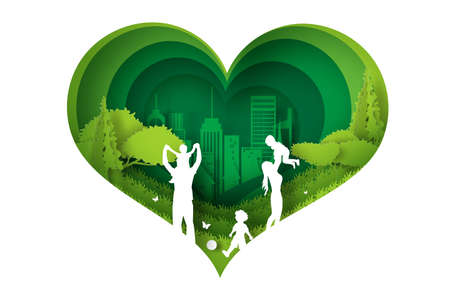Eco Green happy family having fun playing in the field. paper cut and craft design Environment nature day concept.people lifestyle enjoy in garden park Picnic in holiday. heart shape curve conceptのイラスト素材