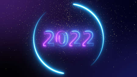 number 2022 neon light bright glowing. 2022 happy New Year dark background with decoration with neon number on Purple and blue 
Beautiful Gold Glitter Floating background. winter holiday template.の写真素材