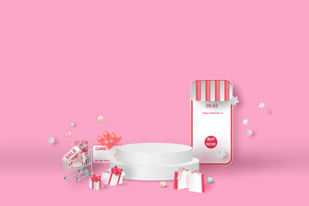 Podium product stand for Christmas for shopping online next year paper art. Mockup Christmas and New Year stage podium scene with blank space background. Sale banner paper cut and craft style. Vectorのイラスト素材