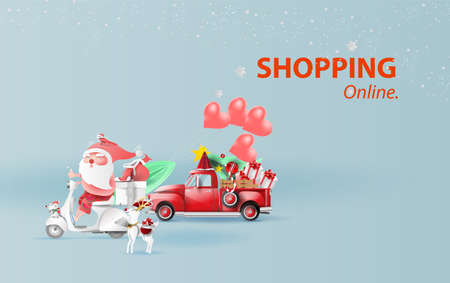 Summer Christmas season concept. Paper cut and craft on Graphic Santa Claus riding a motorcycle and Christmas truck retro or vintage transport gift Vector. Online delivery shopping online banner coverのイラスト素材