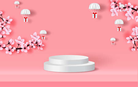 podium on pink Background. Parachute gift box fly air in holiday sky. Paper cut and craft. winter snowfall season with Sakura flower japan. Happy new year Festival party vector. Stand on pastel loveのイラスト素材